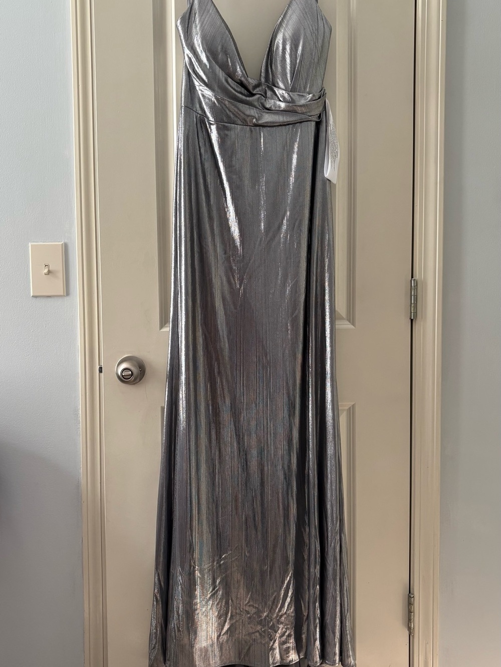 Mac Duggal Silver Metallic High-Low Evening Gown